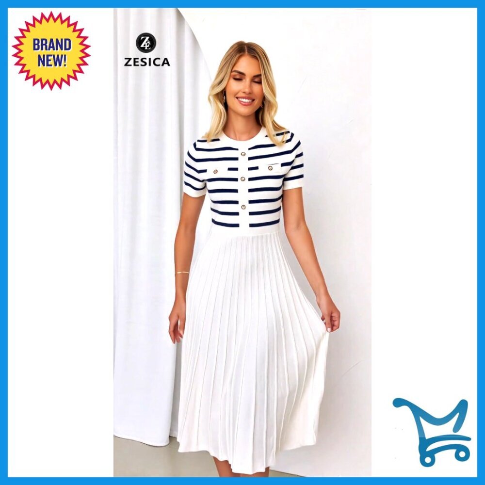 Casual Midi Dress Crewneck Short Sleeve Button Ribbed Knit Swing Pleated A-Line - Picture 7 of 7